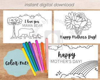 Printable Mother's Day Cards - Set of 3 - Instant PDF Download - Colorable Cards - Children's Coloring Cards