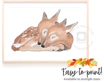 Baby Deer Twins/Siblings Nursery Printable - Fawn Print - Kids Room Printable - Sleeping Baby Animal Printable - JPG Download