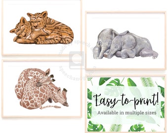 Safari Animals Twins/Siblings Nursery Printable - Set of 3 Prints - Kids Room Printable - Sleeping Baby Animals Printable - JPG Download