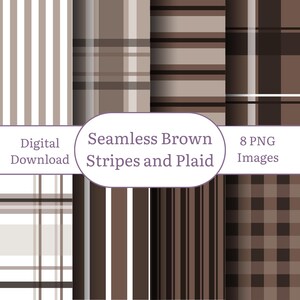 Könnte beinhalten: Eine Sammlung von acht nahtlosen braunen Streifen- und Karomustern. Die Muster umfassen vertikale Streifen, horizontale Streifen und Karomuster in Braun- und Weißtönen. Der Text "Digitaler Download" und "Nahtlose braune Streifen und Karos" ist enthalten.
