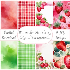 Strawberry Picnic Digital Paper Pack of 8 JPG Backgrounds for Scrapbooking Cardmaking Journal Invitations Party Decor Printable Craft Papers