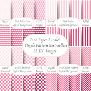 Pink Digital Paper Bundle Shades of Pink Checkered Striped Heart Pattern Polka Dot Seamless Digital Download Scrapbook Papers Blush Hot Pink