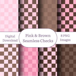 Może przedstawiać: Cyfrowe pobieranie ośmiu bezszwowych obrazów PNG z różowymi i brązowymi wzorami w kratkę. Obraz zawiera tekst "Pink & Brown Seamless Checks" i "Digital Download".