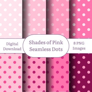 Paquete de 8 papeles digitales de lunares rosas sin costuras PNG de 12 x 12 para álbumes de recortes, fondo con patrones rosa ruborizado y lunares magenta, descarga digital