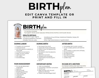 Birth Plan Template Editable | Printable PDF Birthing Plan | Canva Template I Blank Template I Labor And Delivery Preferences Template