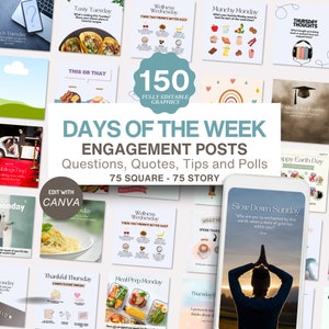Days Of The Week Engagement Posts, Social Media Posts, Engagement Posts, Social Media Engagement, Social Media Graphics, Editable Canva Post