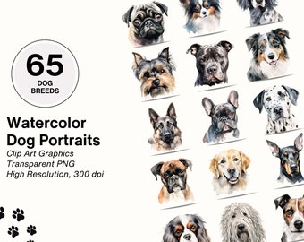 Watercolor Dog Portrait Clip Art Bundle I Commercial Print on Demand Use I Dog Clipart I Transparent PNG