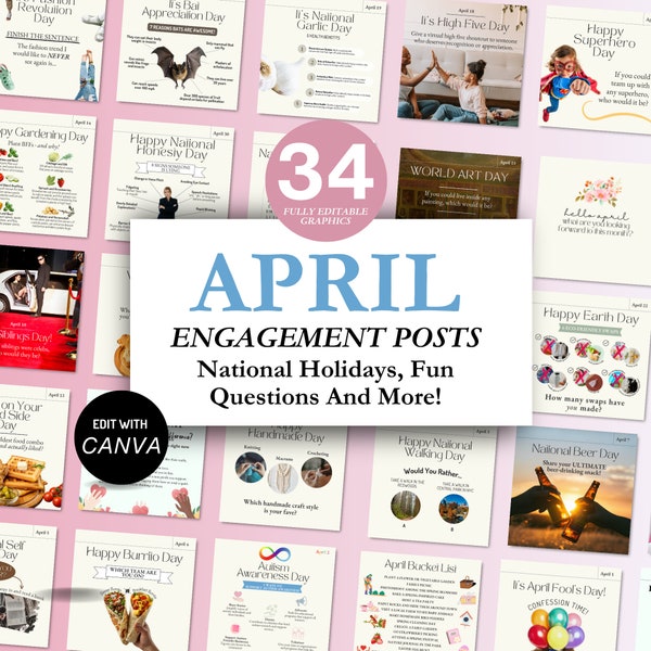 April Social Media Posts I Engagement Graphics I National Holidays, Question Prompts, Solar Eclipse I Canva Template for Facebook, Instagram