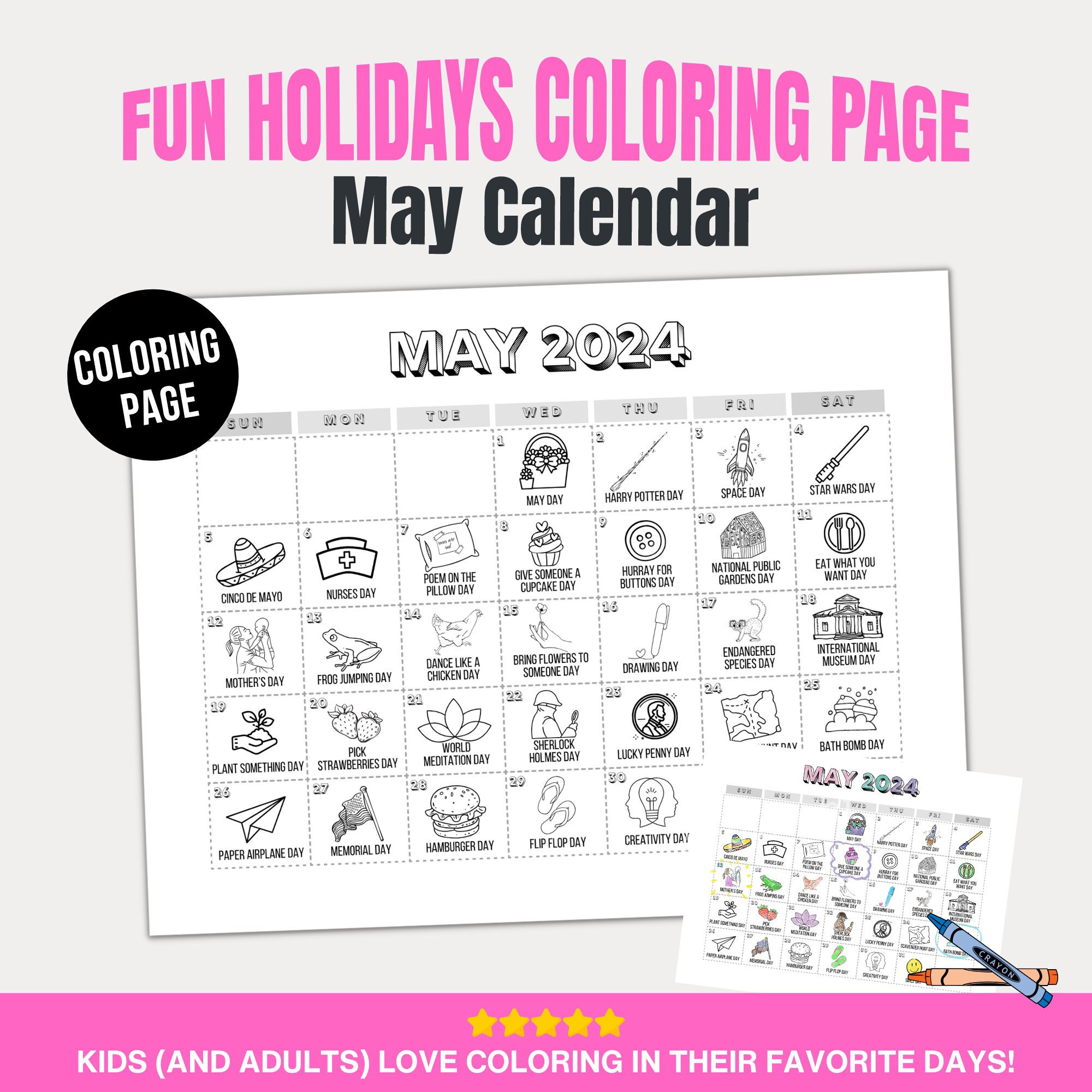 Printable May 2024 Holiday Calendar, Fun National Holidays, PDF Download,  Coloring Page, Monthly Calendar for Kids, Family and Teachers - Etsy