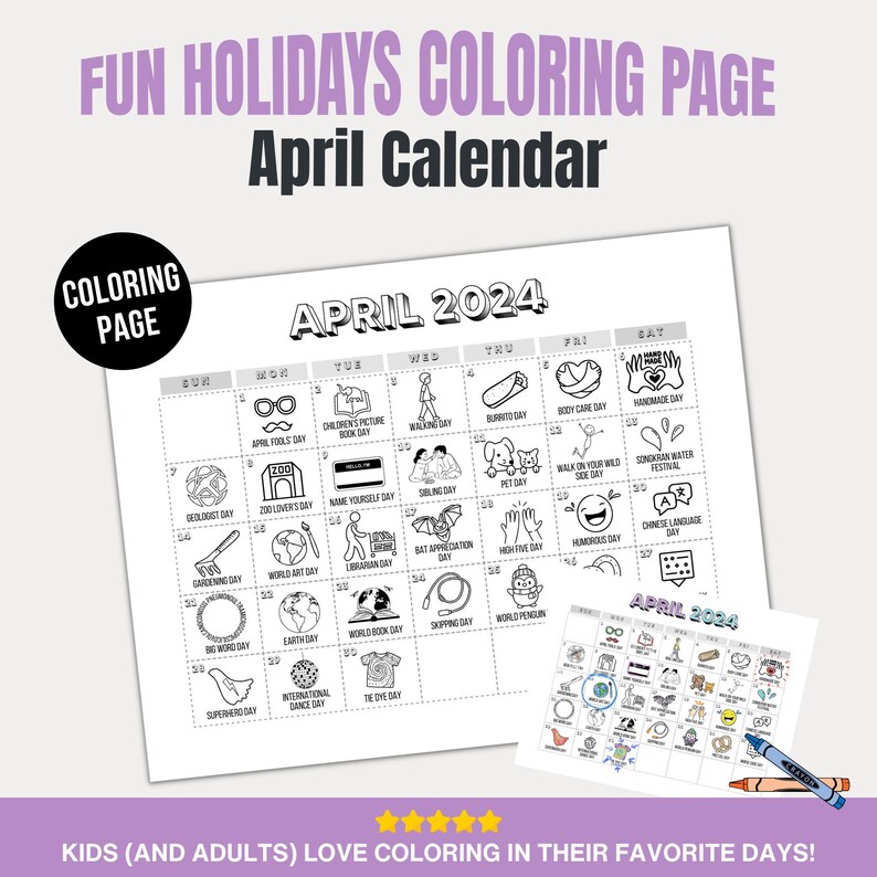Printable April 2024 Holiday Calendar, Fun National Holidays, PDF