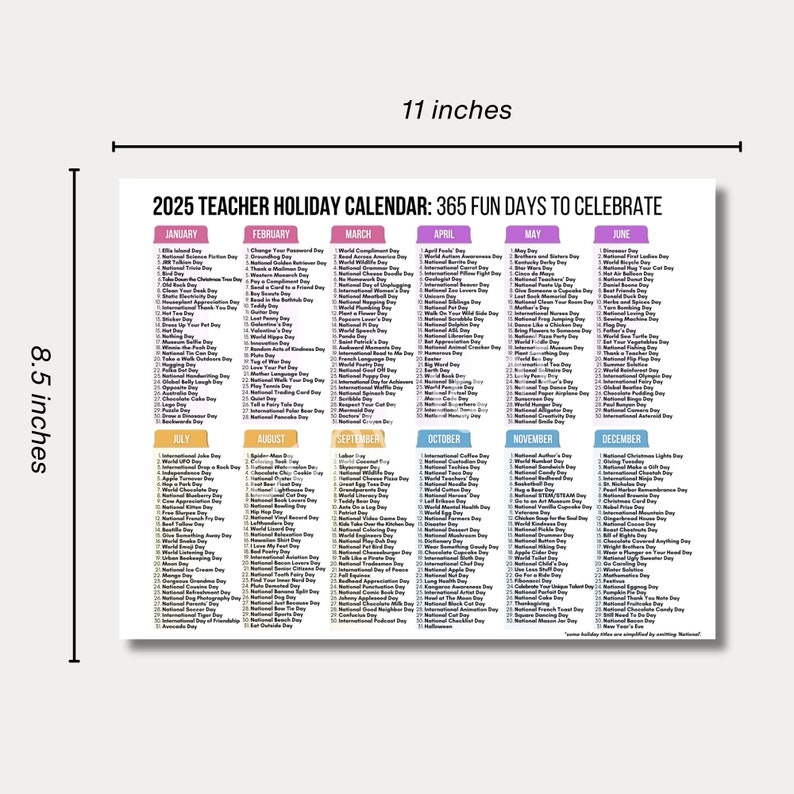 Teacher National Days Calendar Printable | 2024 and 2025 National