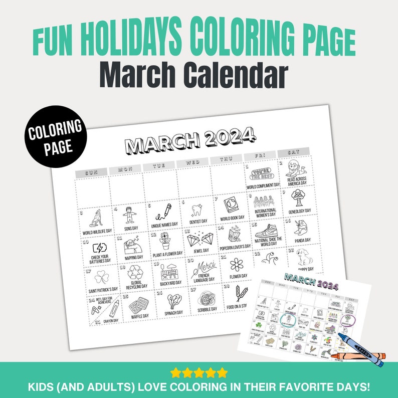 Printable March 2024 Holiday Calendar, Fun National Holidays, PDF