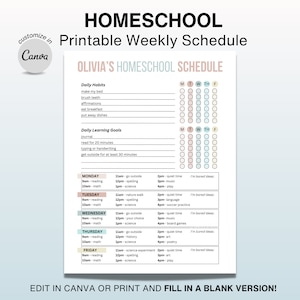 Homeschool Daily Schedule Printable Checklist Template - Editable Kids Schedule for Home School Routine, Ready-to-Print PDF & Canva Template