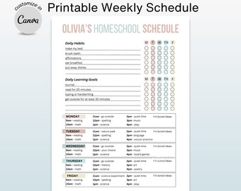 Homeschool Daily Schedule Printable Checklist Template - Editable Kids Schedule for Home School Routine, Ready-to-Print PDF & Canva Template