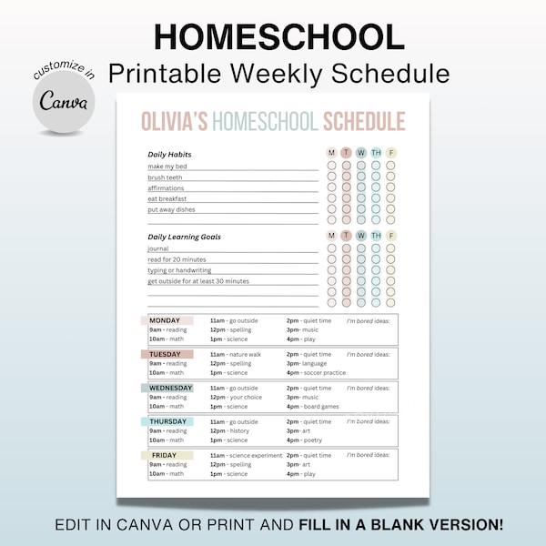 Homeschool Daily Schedule Printable Checklist Template - Editable Kids Schedule for Home School Routine, Ready-to-Print PDF & Canva Template