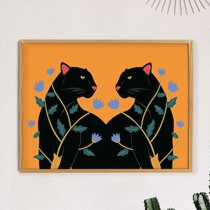 Black Panther Wall Art, Tropical Animal Print, Boho Jungle Art, Boho Rainforest, Boho Wild Cat Print, Wildlife Illustration, Leopard Flowers