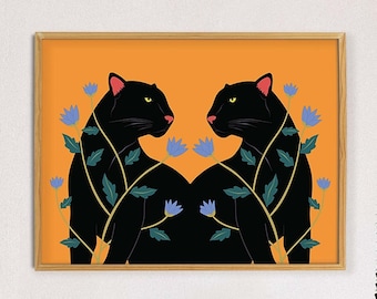 Black Panther kunst aan de muur, tropische dierenprint, Boho jungle kunst, Boho regenwoud, Boho wilde kat print, wildlife illustratie, luipaardbloemen