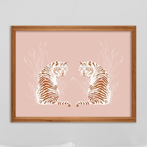 Stampa artistica da parete tigre bianca, tigre rosa Boho stampabile, illustrazione tigre minimalista, poster Jungle Boho, decorazione da parete felina per camera da letto,