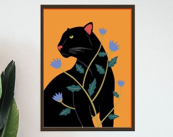 Black Panther kunst aan de muur, tropische dierenprint, Boho jungle kunst, Boho regenwoud, Boho wilde kat print, wildlife illustratie, luipaardbloemen