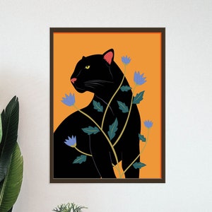 Black Panther Wall Art, Tropical Animal Print, Boho Jungle Art, Boho Rainforest, Boho Wild Cat Print, Wildlife Illustration, Leopard Flowers