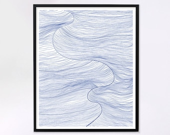 Minimalist Wave Print, Blue fine line art, Modern wall gallery, ocean decor, Abstract water art print, Simple Sea art, Minimal Printable,