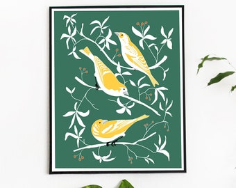 Three Little Birds Print, Green wall decor, audubon bird print, art nouveau, finches wall art, Jungle birds illustration, Canary Birds Art