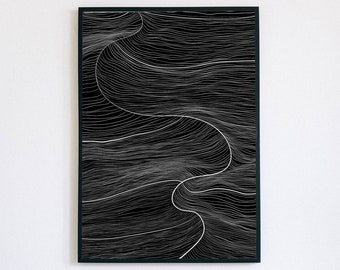 Wydruk Wave Line, minimalistyczny, czarno-biały rysunek wodny, nowoczesna galeria ścienna, wystrój oceanu, abstrakcyjny wydruk wodny, sztuka morska, czarna fala