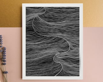 Wydruk Wave Line, minimalistyczny, czarno-biały rysunek wodny, nowoczesna galeria ścienna, wystrój oceanu, abstrakcyjny wydruk wodny, sztuka morska, czarna fala