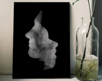 Abstract Face Print, minimalist figure print, Chic stipple art, modern design print, black and white wall decor, abstract face profile art,