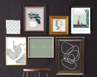 Boho Gallery Wall Set of 7, Modern Boho Gallery Wall Set Line Drawing, Boho Minimalist, Abstract Geometric Print, Hippie Boho Room Decor