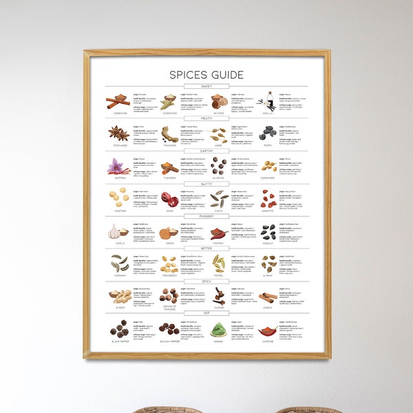 Types of Spices Print, Spices Guide, Kitchen Wall Decor, Food Illustration, Spice Chart, Cooking Spices Printable, Seasonings Infographic,