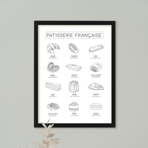 French Pastry PRINTABLE, patisserie drawing, line pastry art, dessert kitchen décor, minimalist kitchen art , croissant, French wall art
