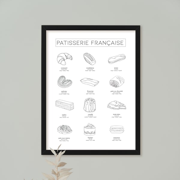 French Pastry PRINTABLE, patisserie drawing, line pastry art, dessert kitchen décor, minimalist kitchen art , croissant, French wall art