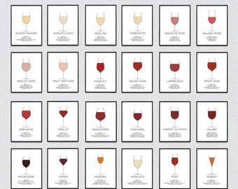 Bundle 36 Wine Types Print, Wine Guide, Wine and Food Pairing Guide, Kitchen Wall Decor, Wine Poster Set, Famous Wines, Wine Lover Gift