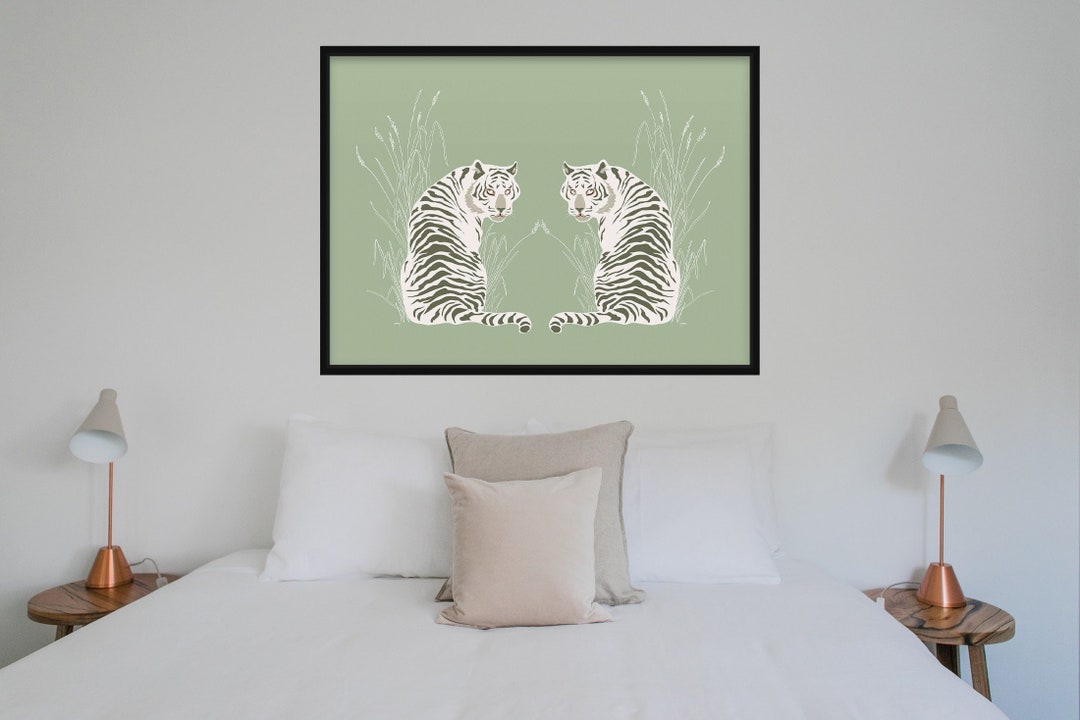 White Tiger Wall Art Print, Boho Green Tigress Printable, Minimalist ...