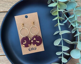 Gold Speckled Maroon Earrings with Metal Hoop, Drop and Dangle Earrings