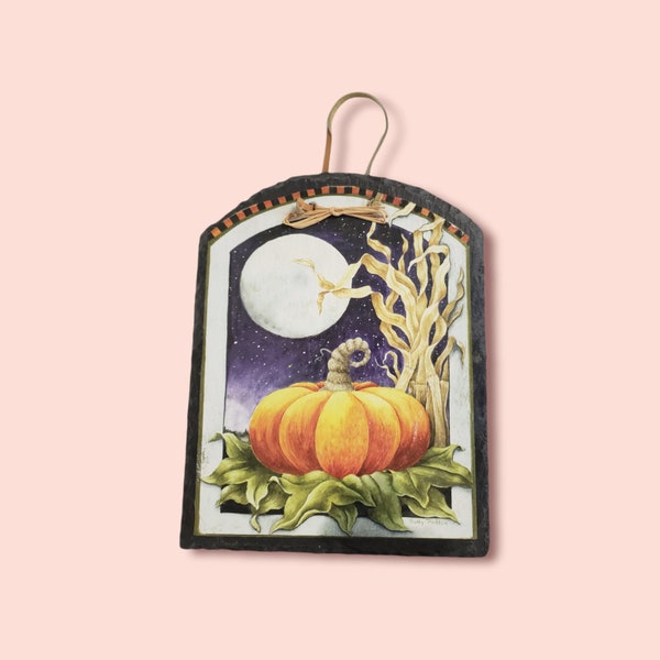 Full Moon Halloween Fall Harvest Pumpkin Painted Slate 12" Wall Hanger