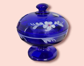 Vintage Cobalt Blue Hand-Painted White Flower Candy dish