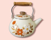 Vintage Kingsbury Japan Dogwood Cookware Collection Enamel Wooden Handled Teapot