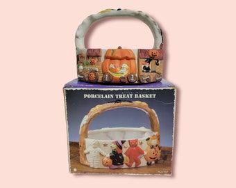 Vintage Pumpkin Ghost Halloween Porcelain Trick or Treat Basket with Handle