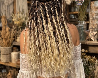 Brown & Warm Blonde Curly Synthetic Dreads: Boho Viking Style