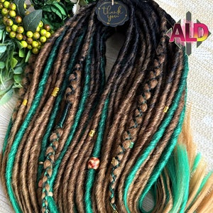 Brown Ginger Forest Emerald Green Synthetic Dreadlock Extensions, Boho Viking Faux Locs, Double Ended Dreads - Custom Lengths