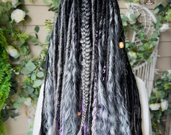 Black & Silver Dark Gray Synthetic Boho Dreadlock Extensions: Handmade Crochet Dreads