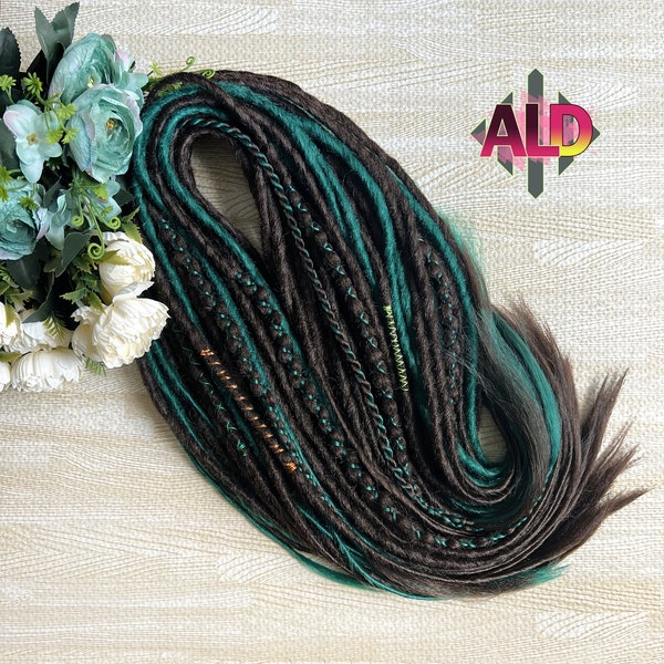 Dark brown and green synthetic dreads extensions, Dread locks extensions, Double ended synthetic dreads, Hair stylist gift, Hair extensions