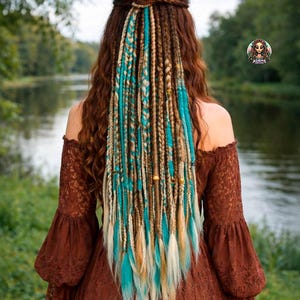 Turquoise en bruine synthetische dreads met vlechten: dubbel gehaakte dreadlocks
