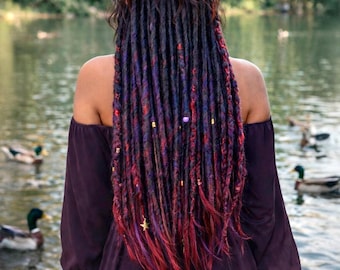 Burgundy Wine Red Synthetic Dreads: Black Purple Wrap Locs Hair Extension