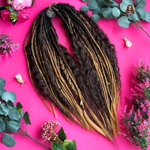 Brown and Dirty Blonde Handmade Synthetic Dreadlock Extensions with Braids and Curls, Single & Double Ended, Made in USA - 2025 Boho Trend