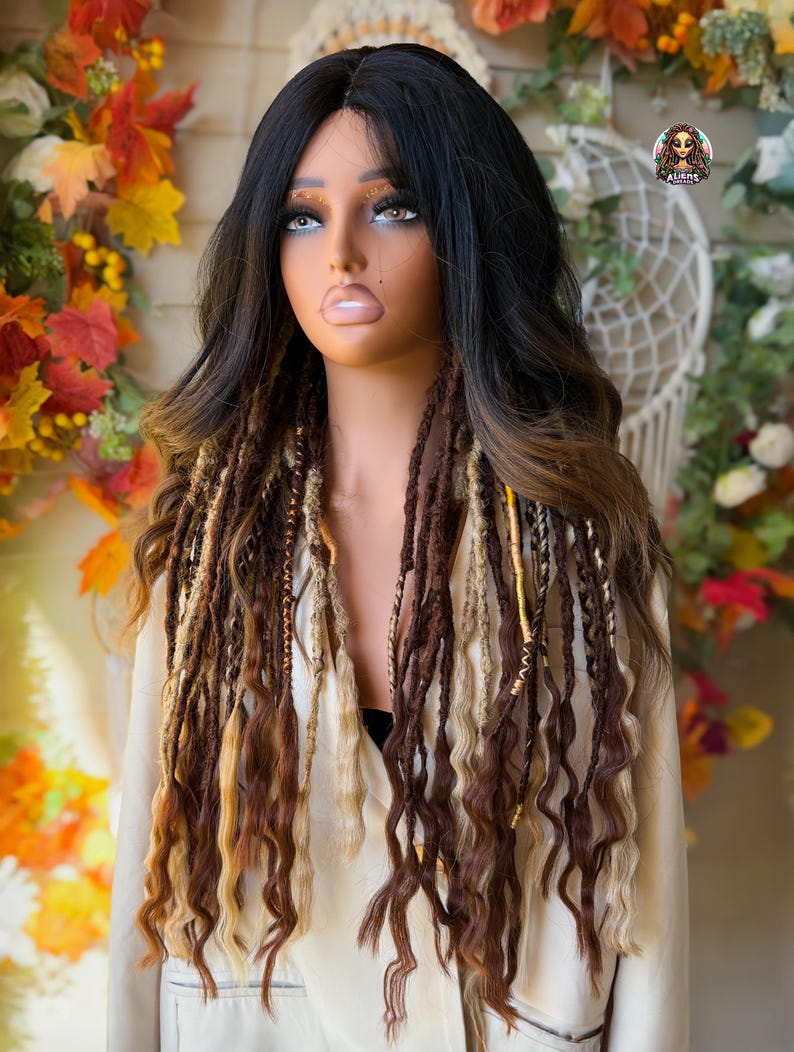 May include: A mannequin head with a black and brown ombre wig featuring long, wavy hair and dreadlock extensions in shades of brown and blonde. The wig is styled with a deep part and layered strands.