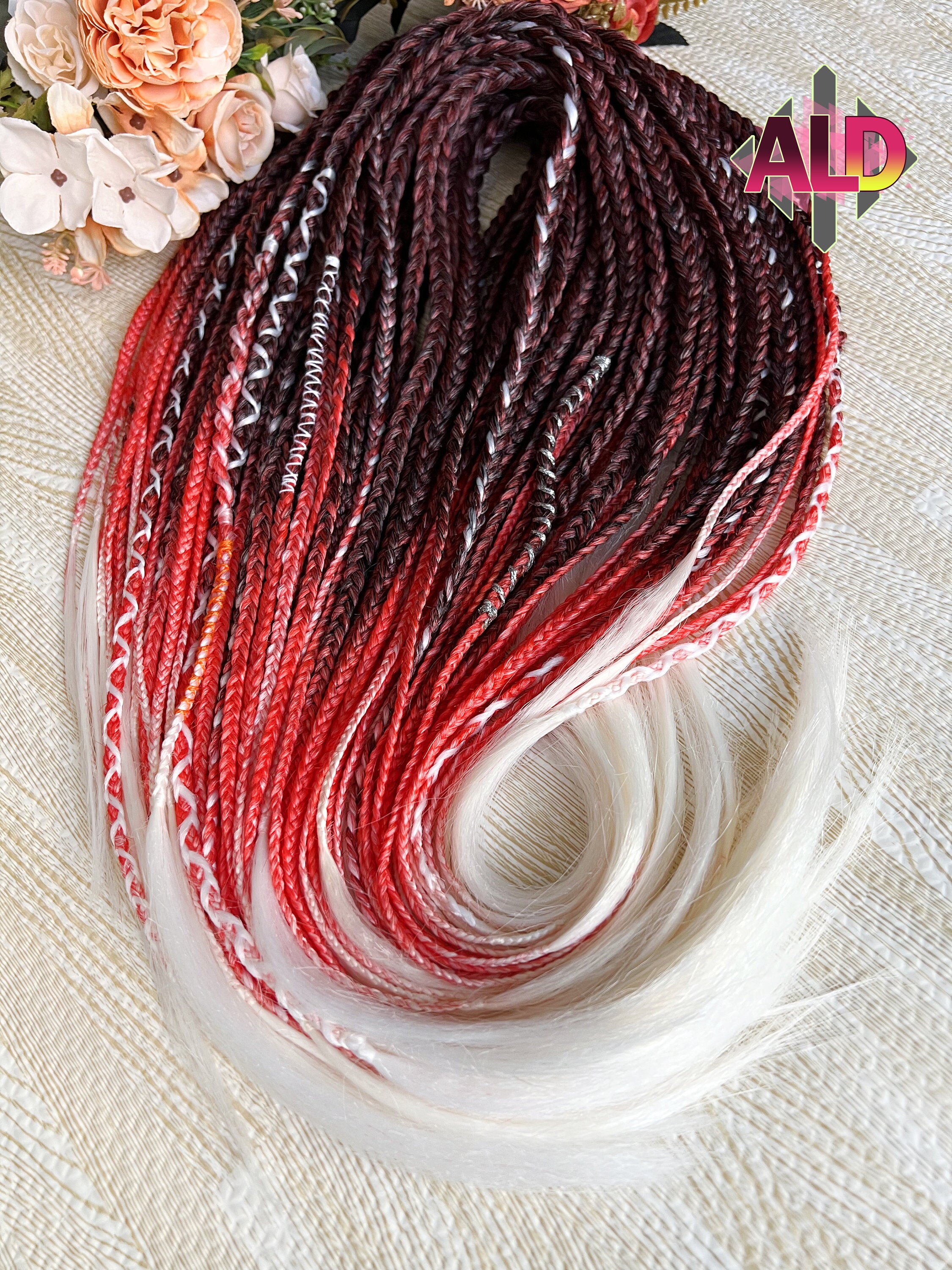 Red & White Ombre Braided Hair Extensions: Boho Viking 