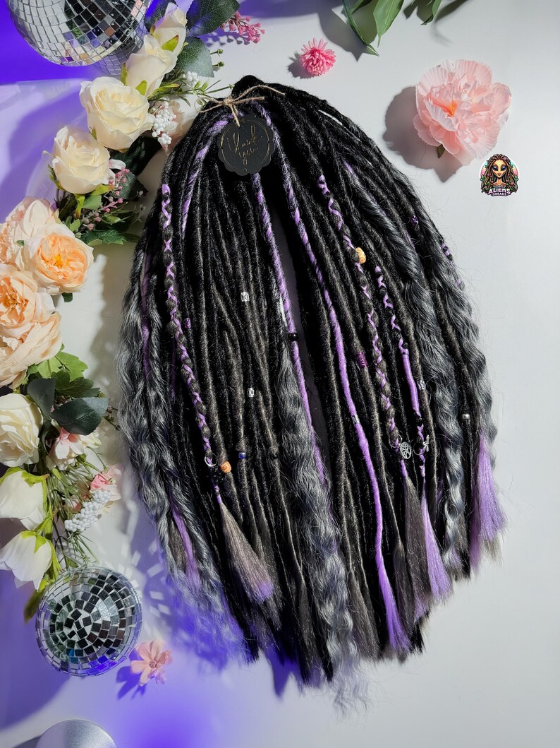 Black & Silver Dark Gray Synthetic Boho Dreadlock Extensions: Handmade Crochet Dreads image 9